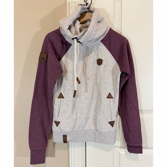 Naketano Tops - Naketano "Brave New World" Pullover Hoodie Heather Gray & Purple/Maroon Sleeves